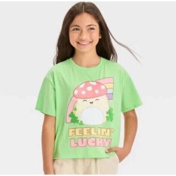 Squishmallows Girls St Patricks Day Rainbow Boxy Short Sleeve Graphic Shirt NEW! - Picture 2 of 8